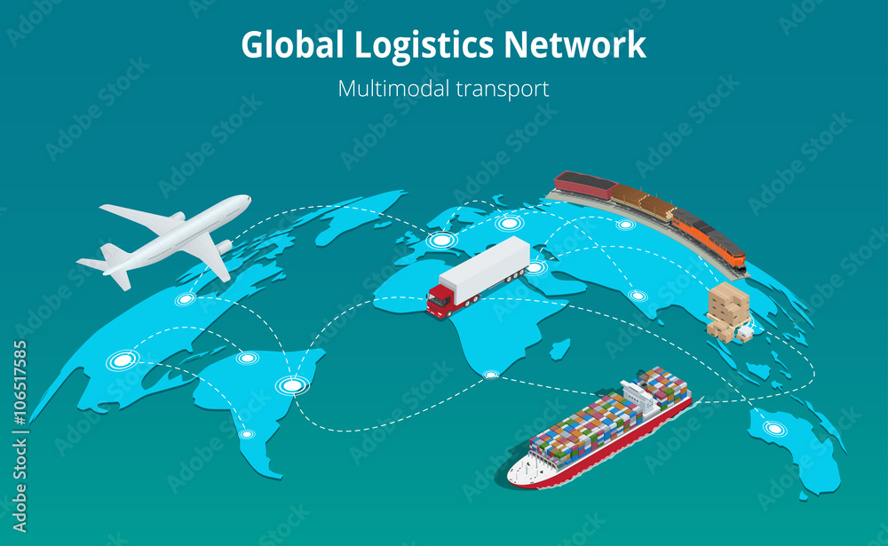 Fototapeta premium Global logistics network Web site concept Flat 3d isometric vector illustration Air cargo trucking rail transportation maritime shipping On-time delivery Vehicles designed to carry large numbers cargo