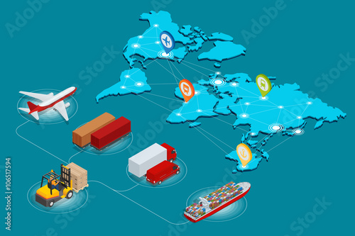 Global logistics network Web site concept Flat 3d isometric vector illustration Air cargo trucking rail transportation maritime shipping On-time delivery Vehicles designed to carry large numbers cargo