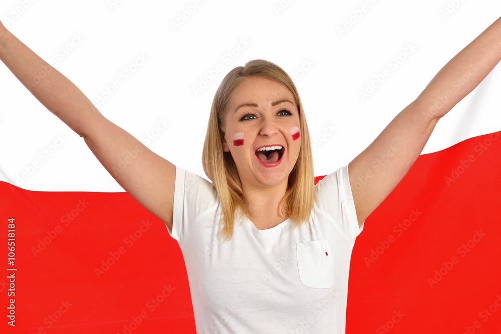 Polish fan cheers football team in the national colors.