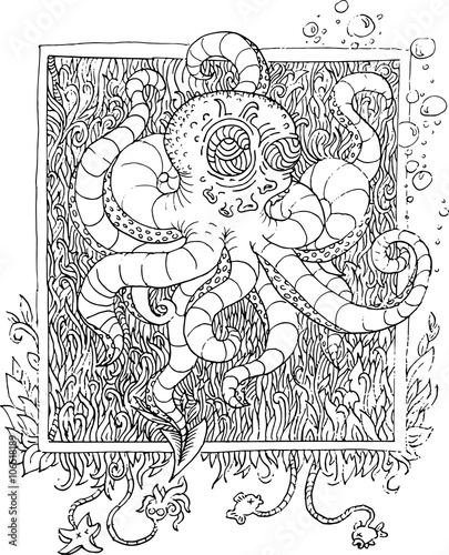 drawing fictional octopus, black contour on a white background