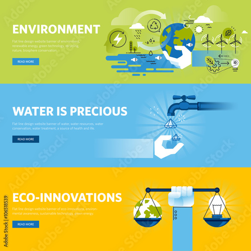 Set of flat line design web banners for environment, renewable energy, green technology, ecology. Vector illustration concepts for web design, marketing, and graphic design.