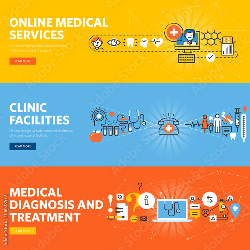 Set of flat line design web banners for online medical diagnosis and treatment, online services, hospital and clinic facilities. Vector illustration concepts for web and graphic design.