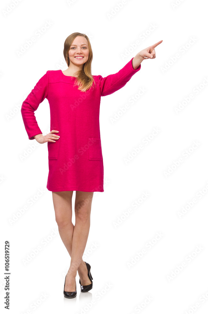 Pretty girl in pink dress isolated on white