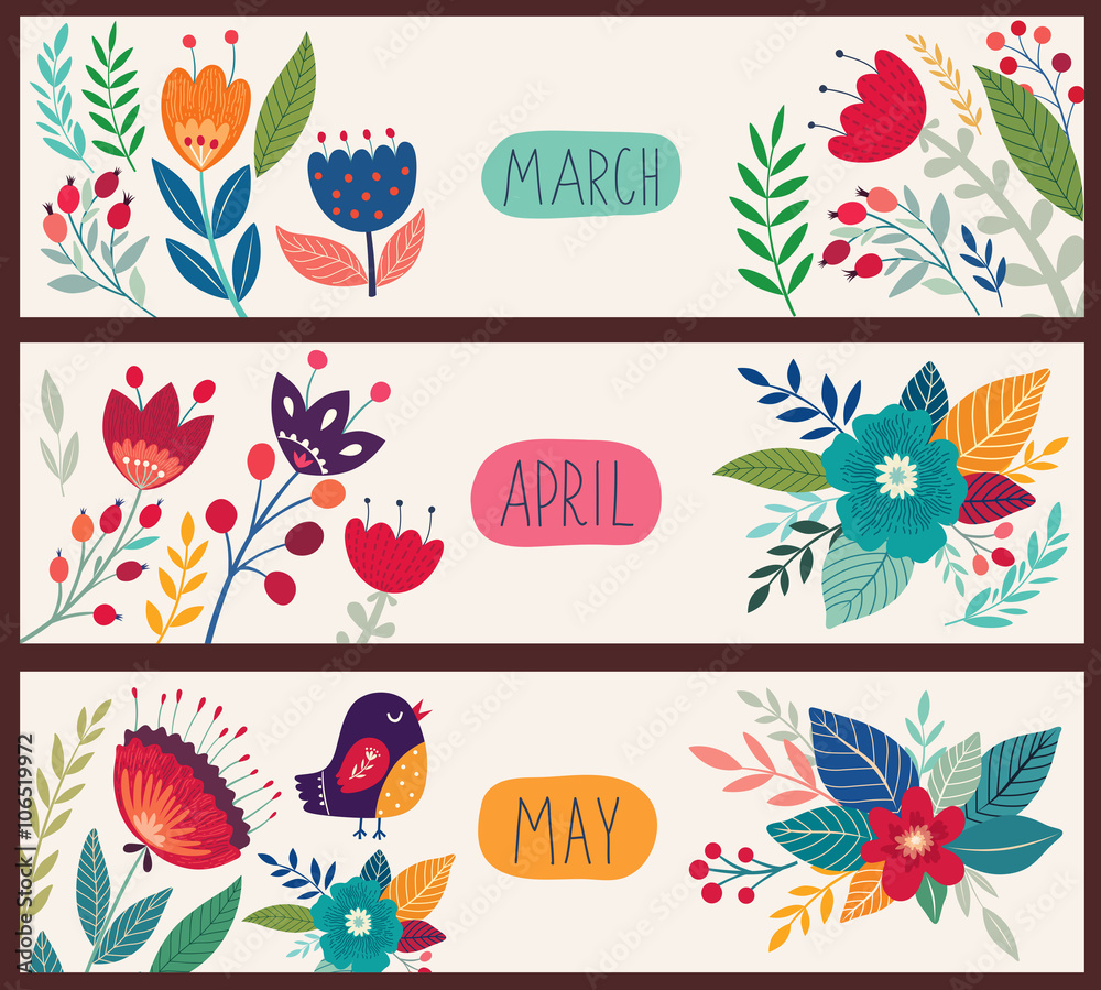 Fototapeta premium Beautiful vector collection with flowers and leaves. Spring art print with botanical elements