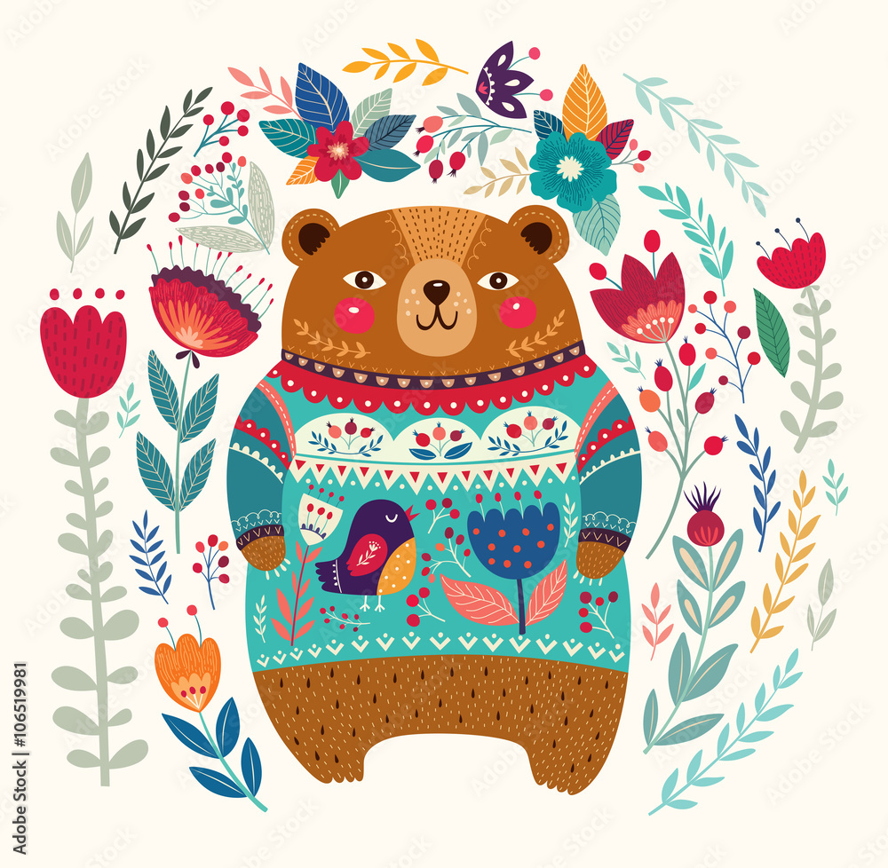 Naklejka premium Vector pattern with adorable bear, flowers and leaves