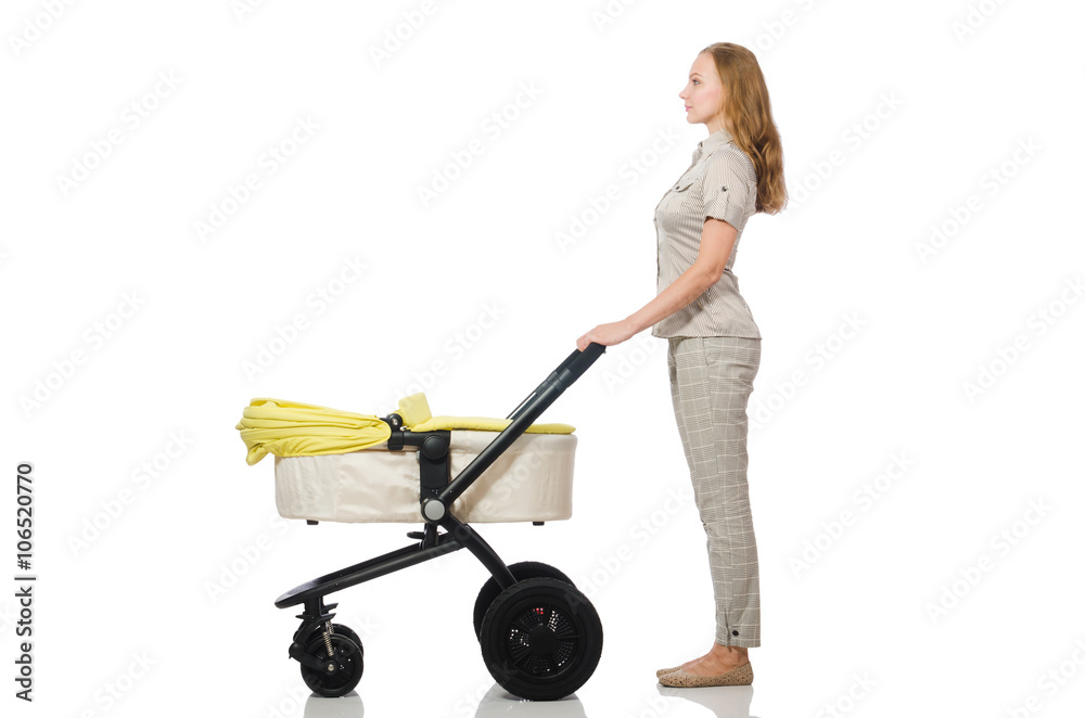 Woman with baby and pram isolated on white Woman with baby and pram isolated on white