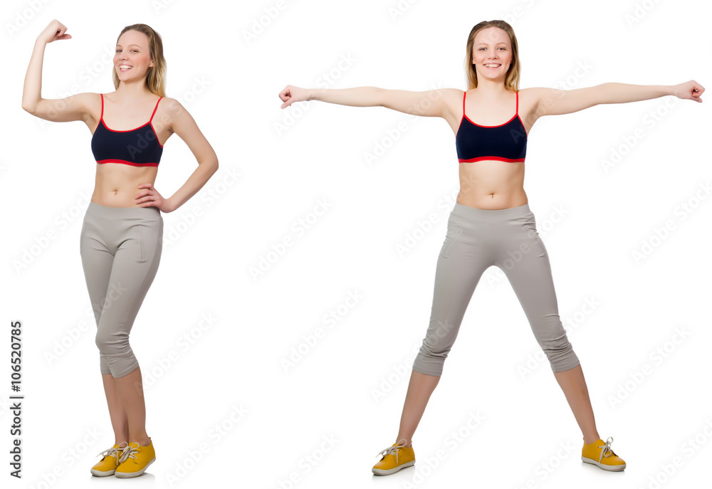 Young female doing exercises on white Young female doing exercises on white