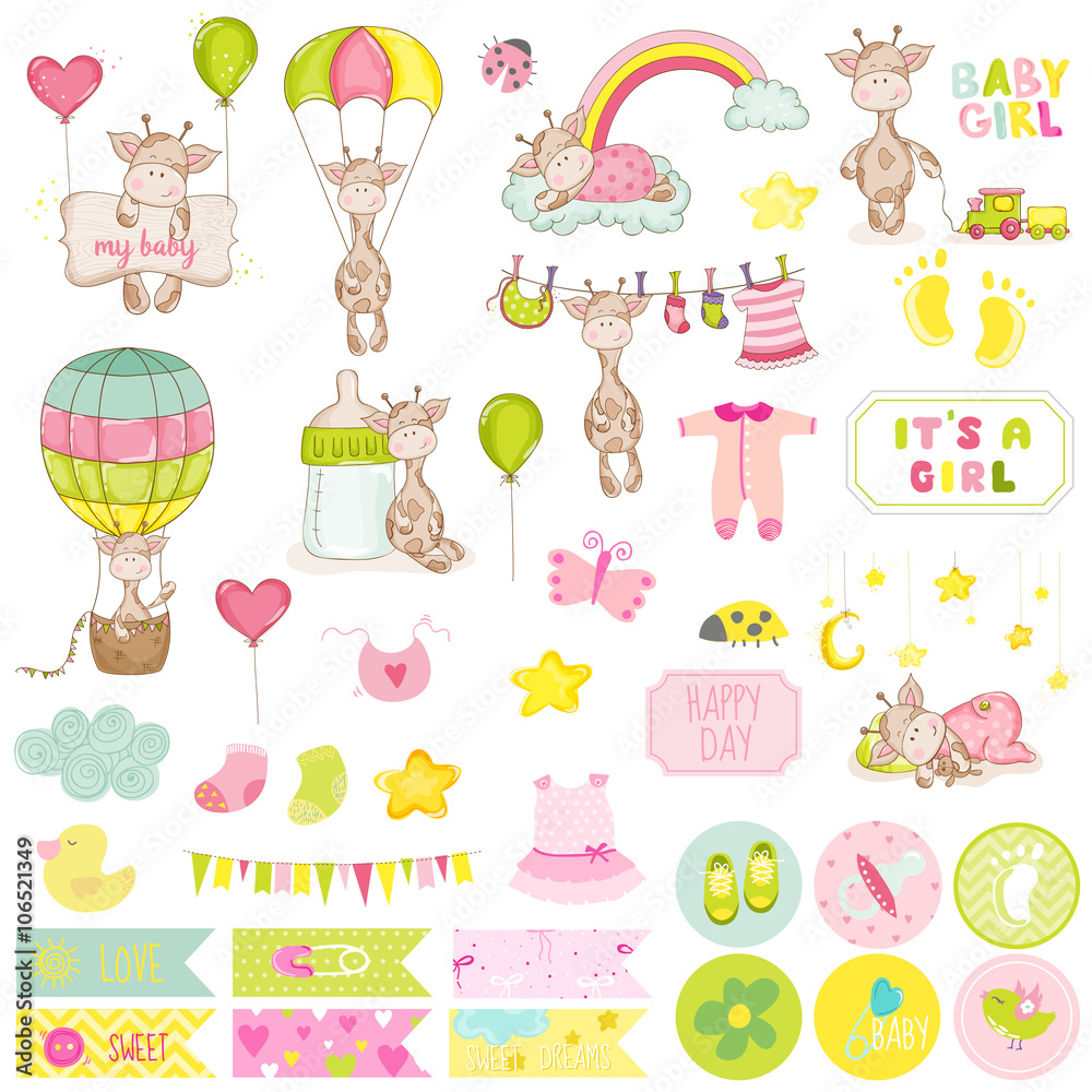 Fototapeta premium Baby Boy Giraffe Scrapbook Set. Vector Scrapbooking. Decorative Elements
