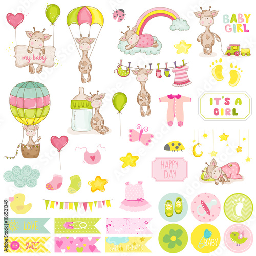 Baby Boy Giraffe Scrapbook Set. Vector Scrapbooking. Decorative Elements