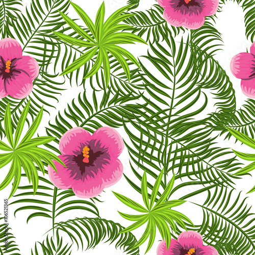 Tropical jungle palm leaves and hibiscus vector pattern background. Exotic nature pattern for fabric  wallpaper or apparel.
