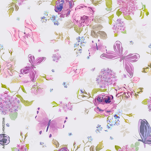 Spring Flowers Background with Butterflies- Seamless Floral Shabby