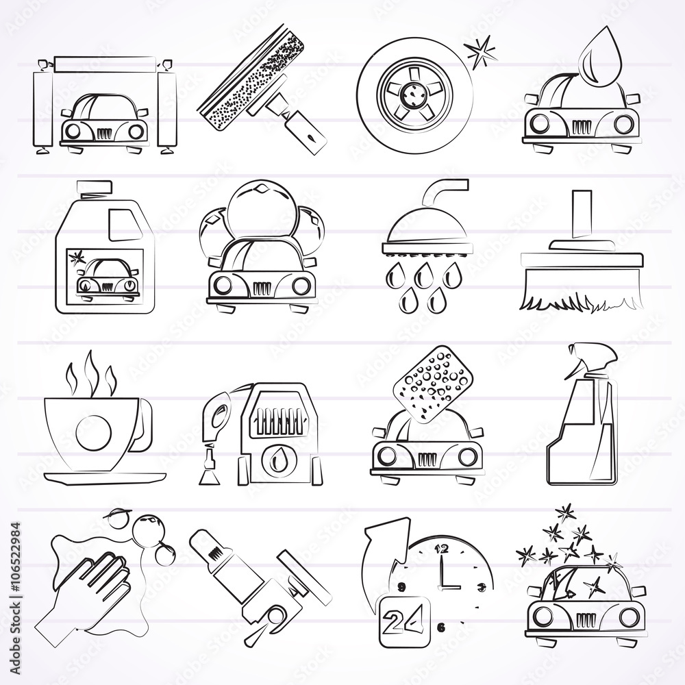 Obraz premium Professional car wash objects and icons - vector icon set