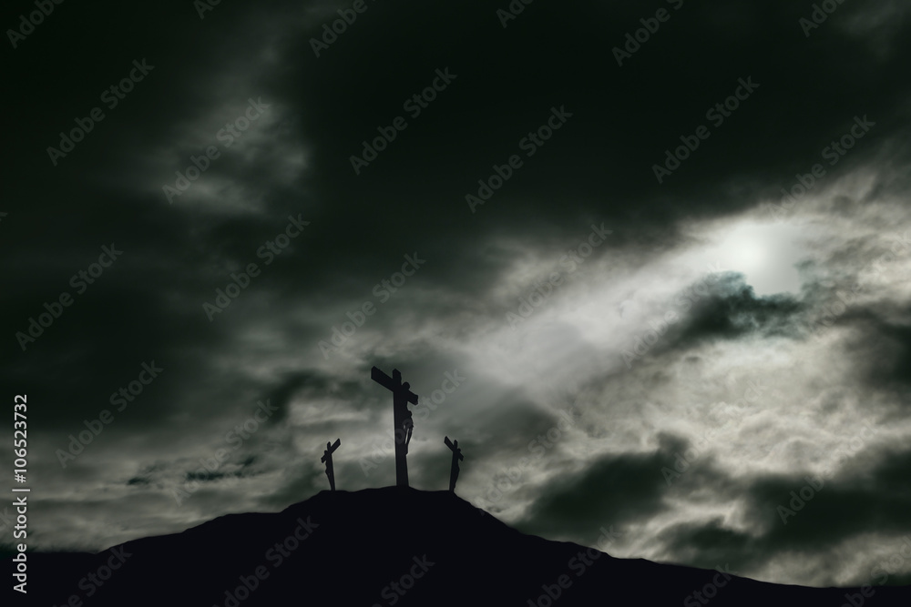 Crucifixion of Jesus on Golgotha With Darkened Sky and Copy Space