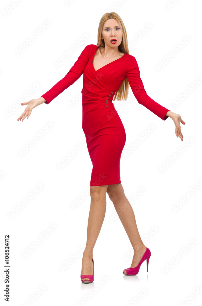 Tall young woman in red dress isolated on white Tall young woman in red dress isolated on white
