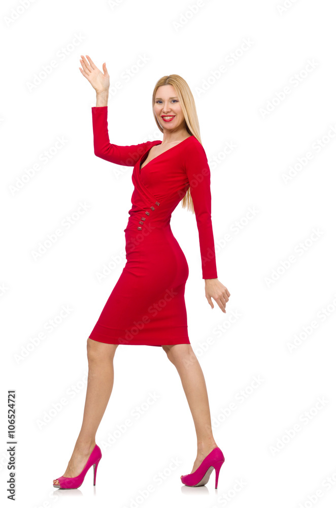 Tall young woman in red dress isolated on white Tall young woman in red dress isolated on white