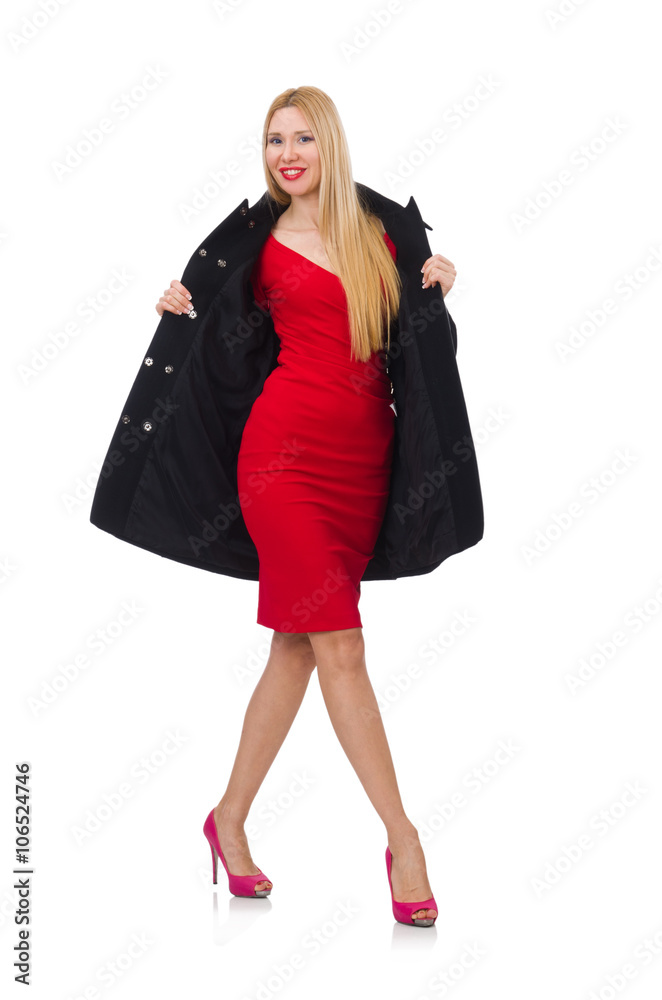 Woman in dress and black coat isolated on white Woman in dress and black coat isolated on white