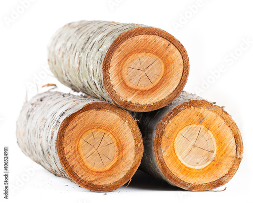 Three cherry tree round stub logs on white background