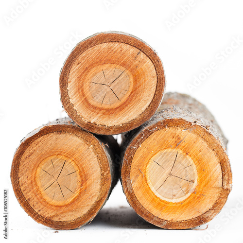 Three cherry tree round stub logs on white background