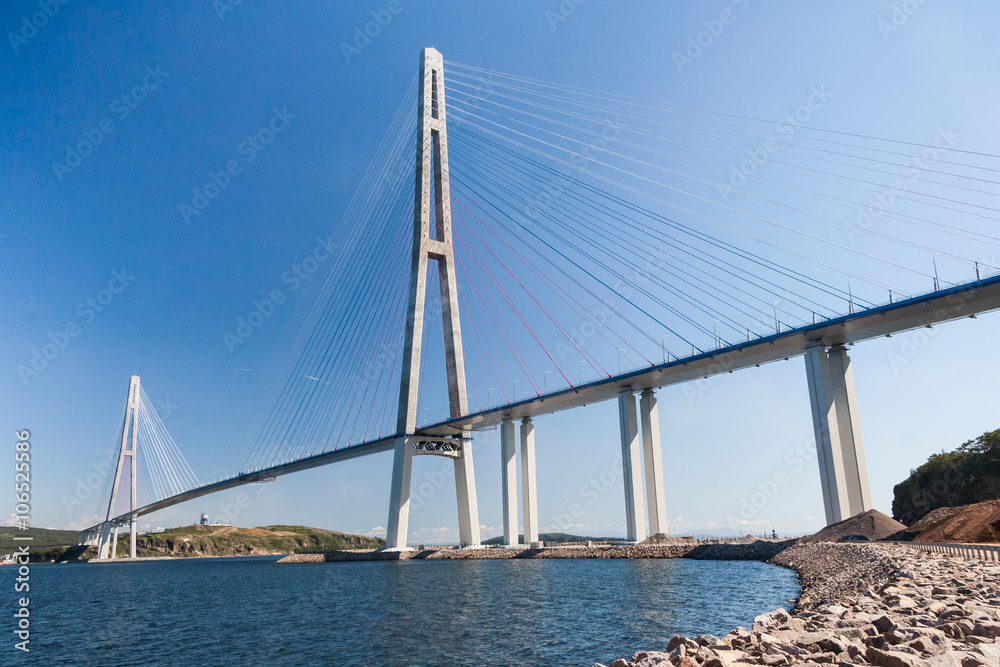 Suspension Russkiy Bridge seen from Russkiy island in Vladivostok,  Russia