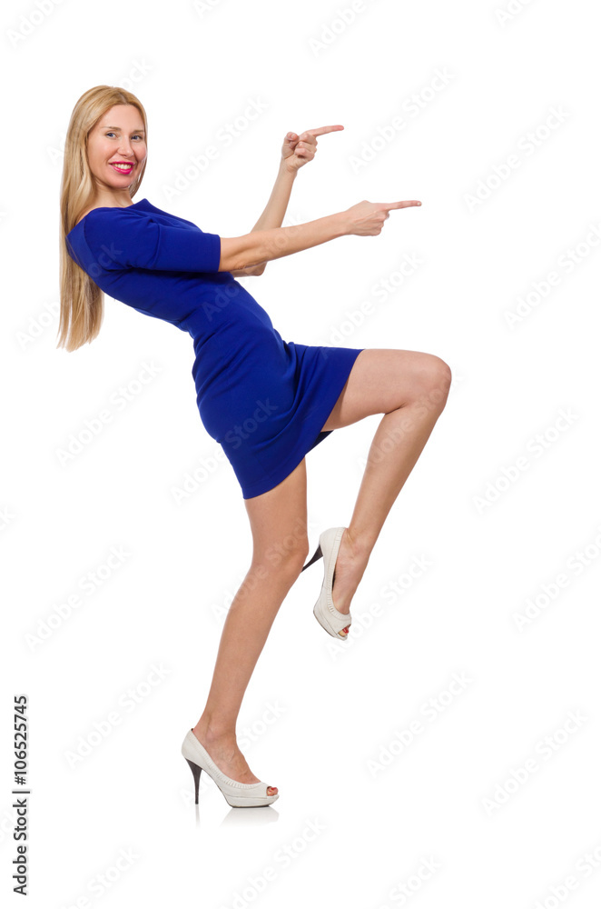 Obraz premium Pretty caucasian girl in blue dress isolated on white