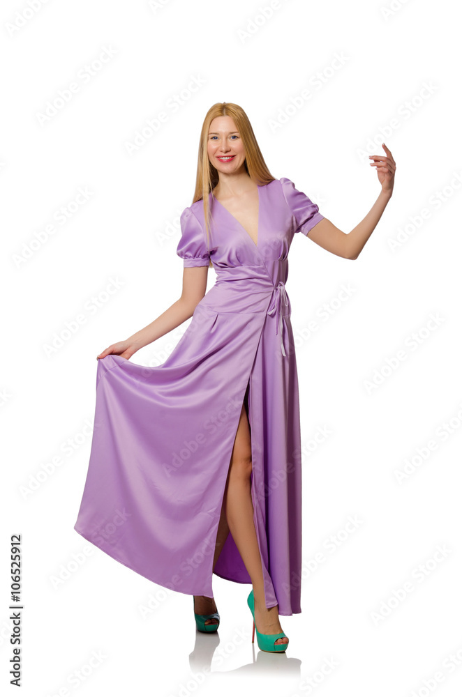 Blondie woman in purple long dress isolated on white