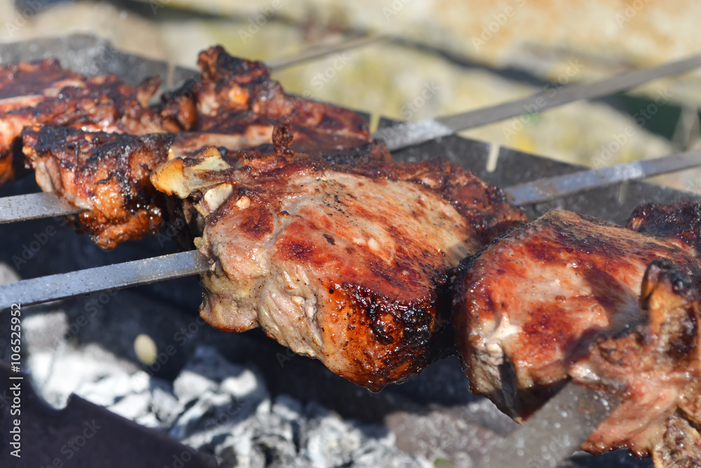 Juicy grilled meats and barbecue at the picnic Juicy grilled meats and barbecue at the picnic