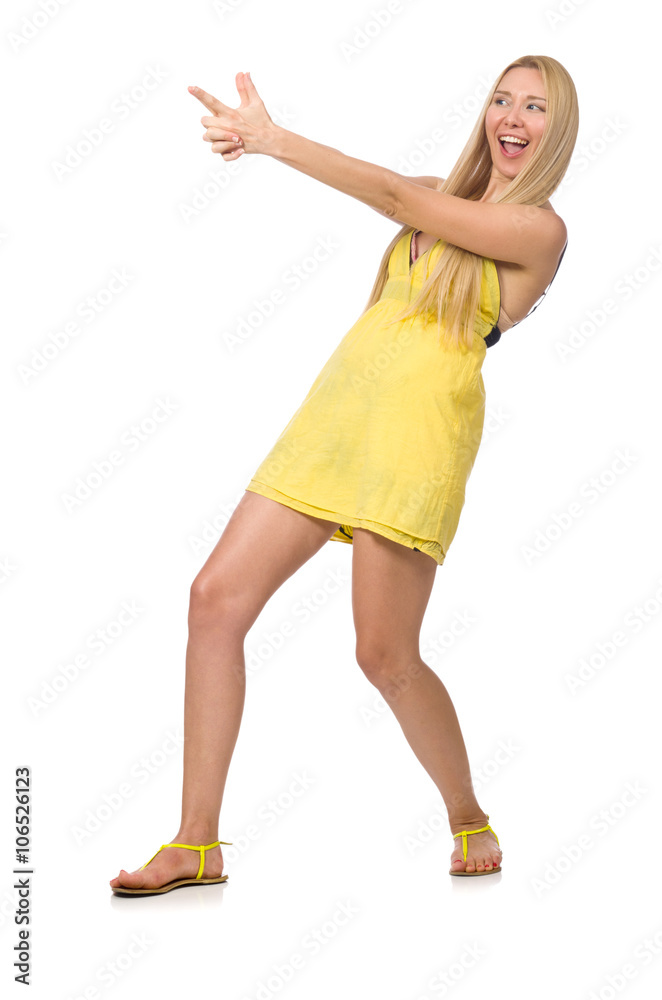 Caucasian fair model in yellow summer dress isolated on white Caucasian fair model in yellow summer dress isolated on white