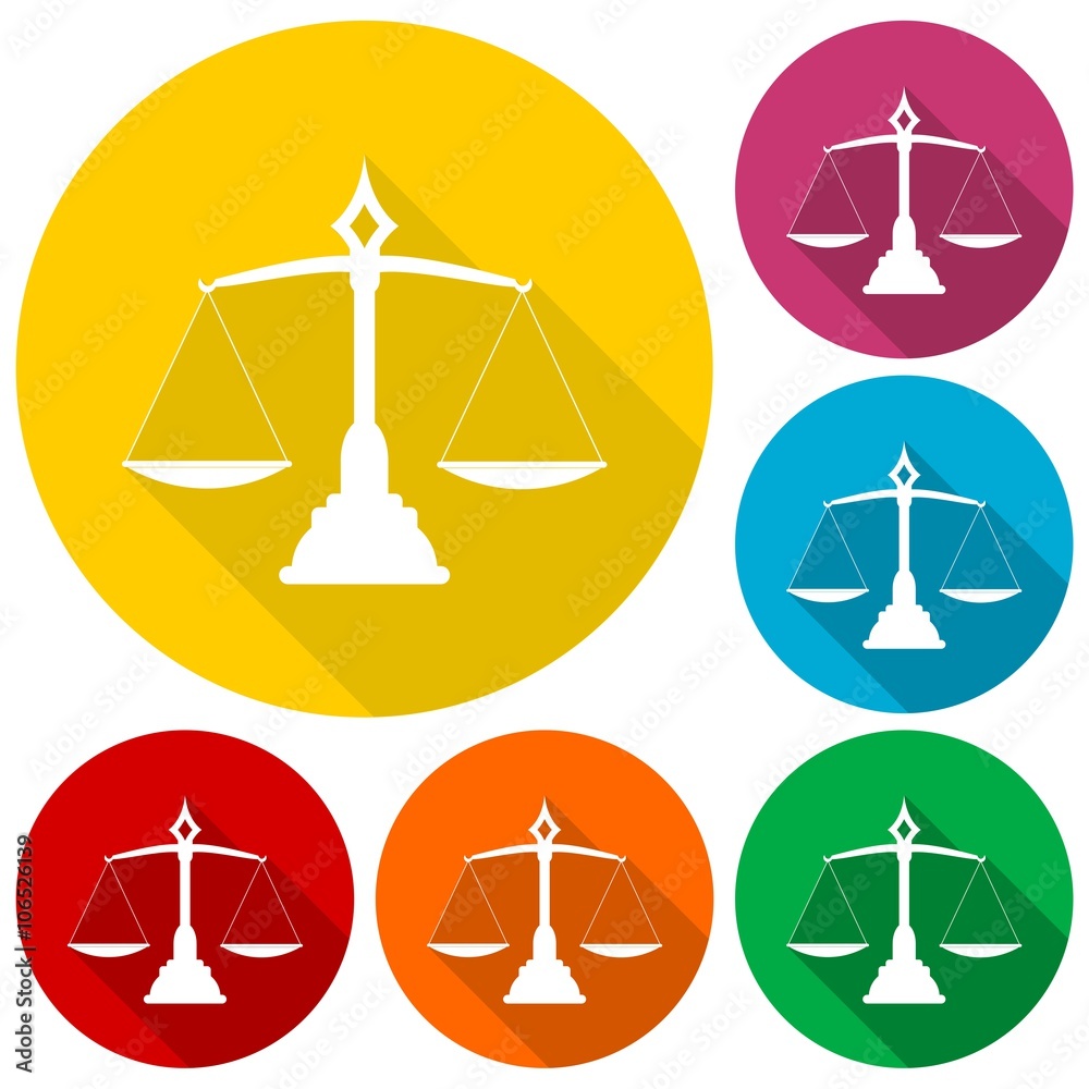 Justice Scale icons set with long shadow Justice Scale icons set with long shadow