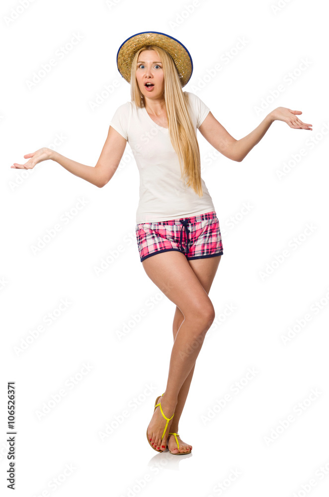 Surprised woman in pink plaid shorts isolated on white Surprised woman in pink plaid shorts isolated on white