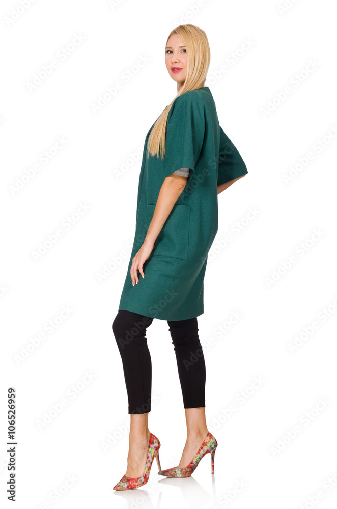 Woman in green coat isolated on white Woman in green coat isolated on white