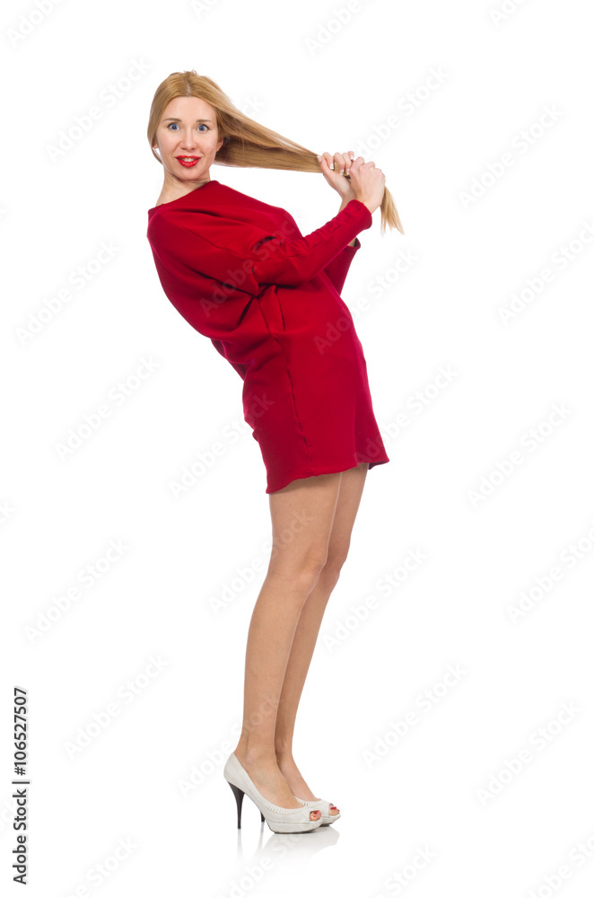 Pretty girl in red dress isolated on white