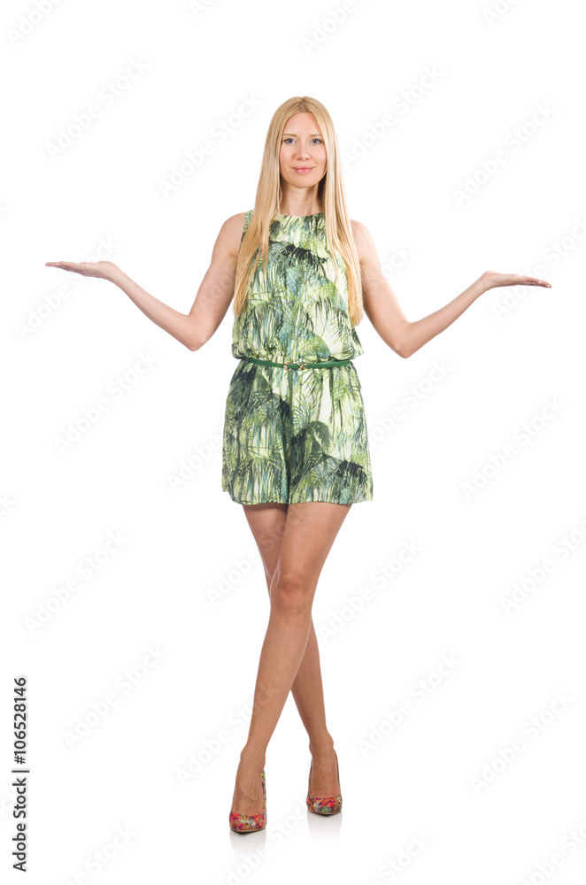 Blond hair woman wearing green short dress isolated on white Blond hair woman wearing green short dress isolated on white