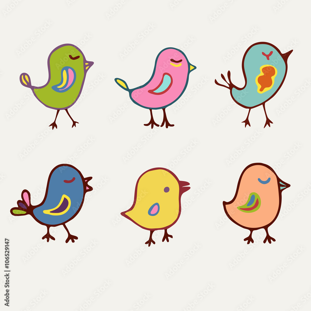 Birds collection of line art cartoon color birds