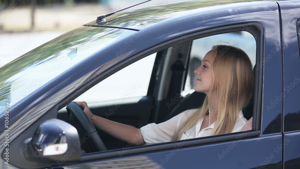 New Car: Young beautiful woman win or buy a new modern car and joy New Car: Young beautiful woman win or buy a new modern car and joy