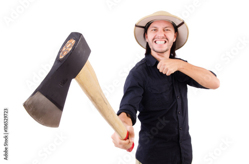 Man with axe isolated on white photo