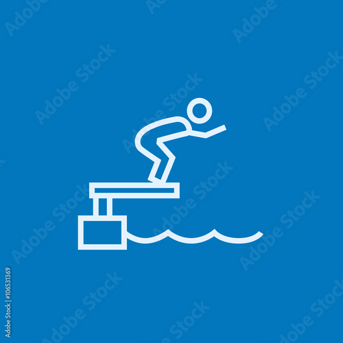 Swimmer jumping from starting block in pool line icon.
