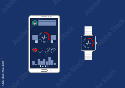 Fitness tracker app graphic user interface for smartwatch and smartphone.