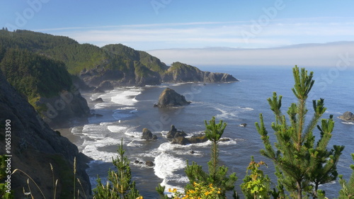 Early morning locked down view of the rocky coast in the Samuel H. Boardman State Scenic Corridor, southern Oregon coast; Panasonic GH4.