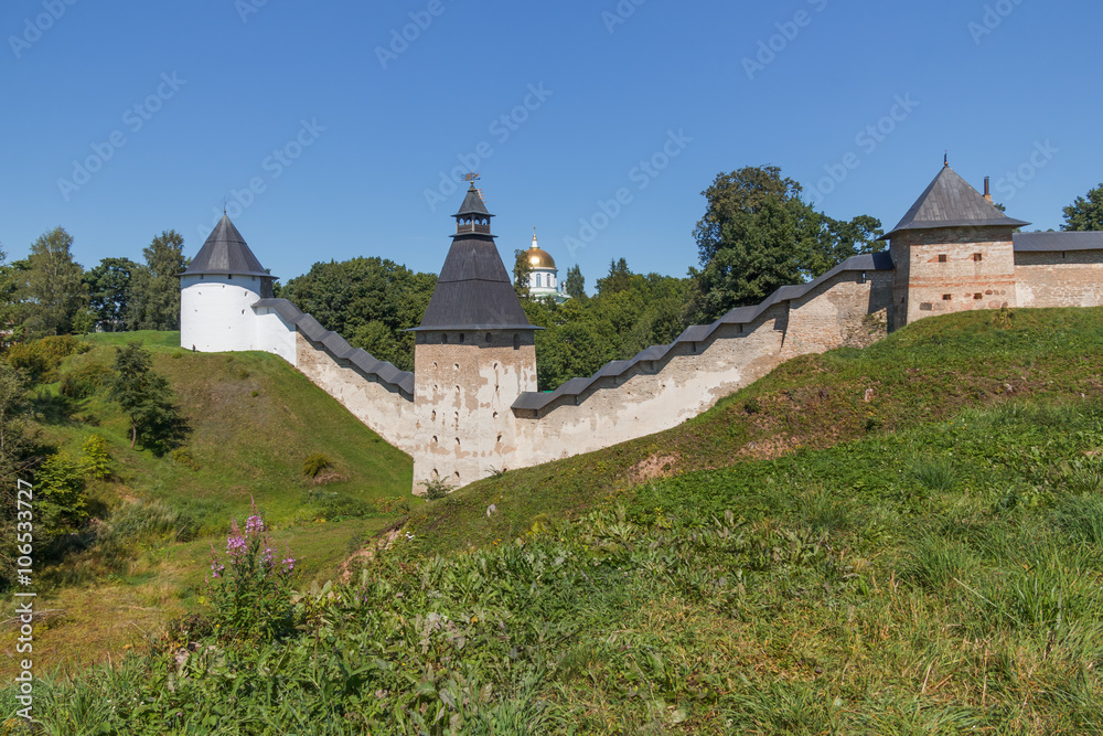 Pskov-Caves Holy Dormition male monastery. Tower Upper grids, Tararykin  and Taylovskaya towers