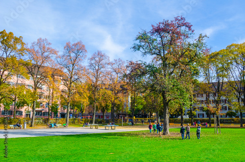 view of josefswiese park in central zurich in autumn photo