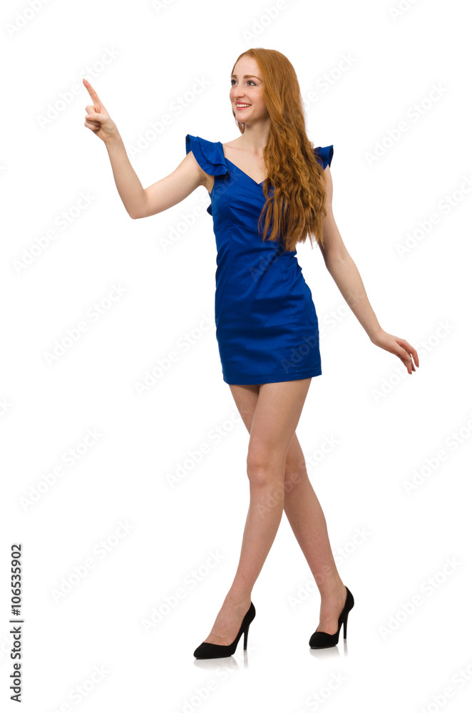 Tall model in blue dress isolated on white Tall model in blue dress isolated on white