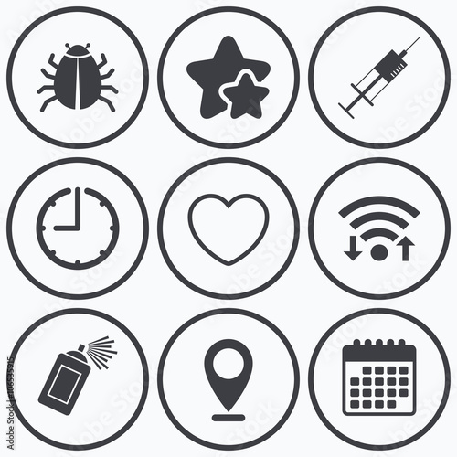 Bug and vaccine signs. Heart, spray can icons