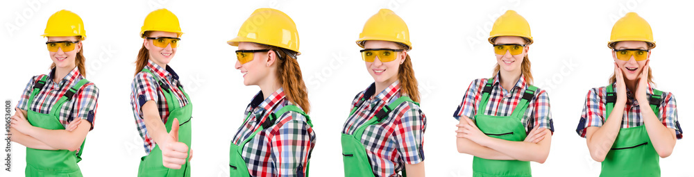 Woman in green coveralls isolated on white Woman in green coveralls isolated on white