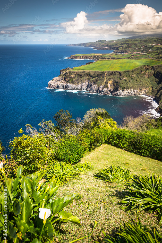 Green island in the Atlantic Ocean, Sao Miguel, Azores, Portugal