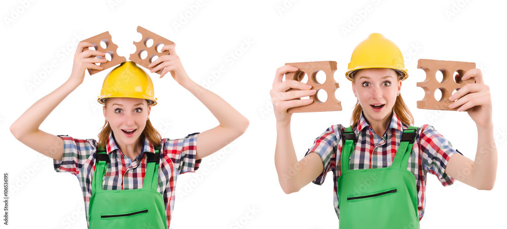 Woman with bricks isolated on white