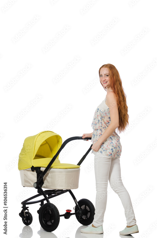Woman with baby and pram isolated on white Woman with baby and pram isolated on white