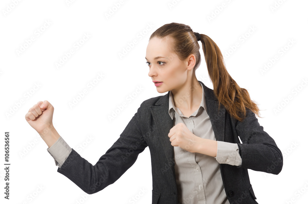 Pretty office manager fighting isolated on white Pretty office manager fighting isolated on white
