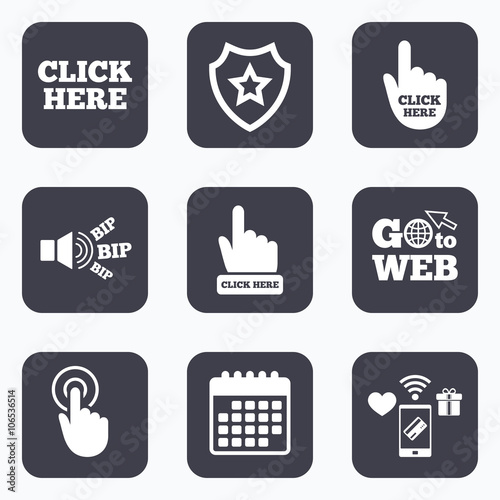 Click here signs. Hand press icons.