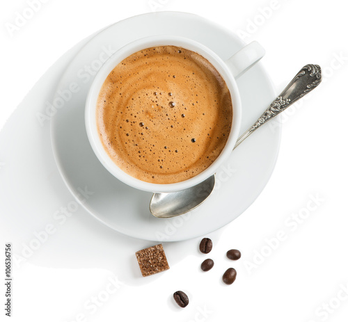  Coffee with foam, overhead view. photo