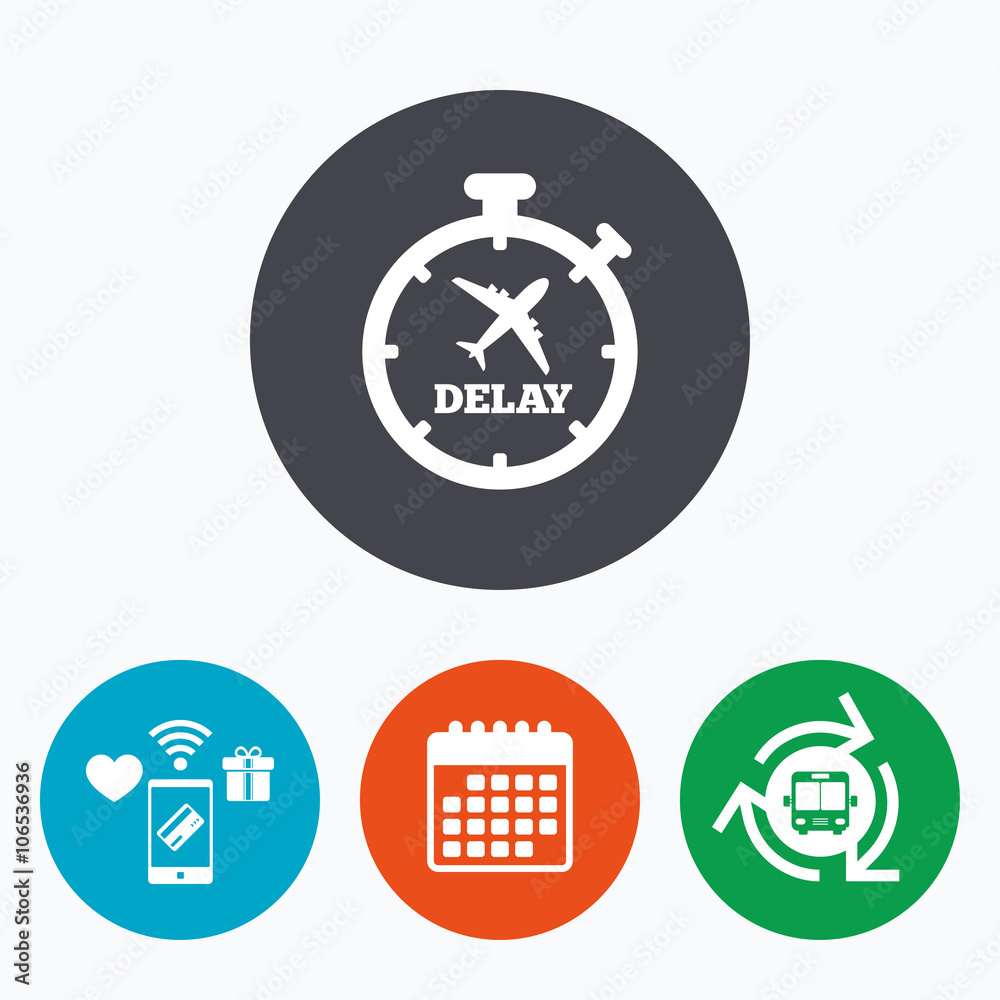 Fototapeta premium Delayed flight sign icon. Airport delay symbol.